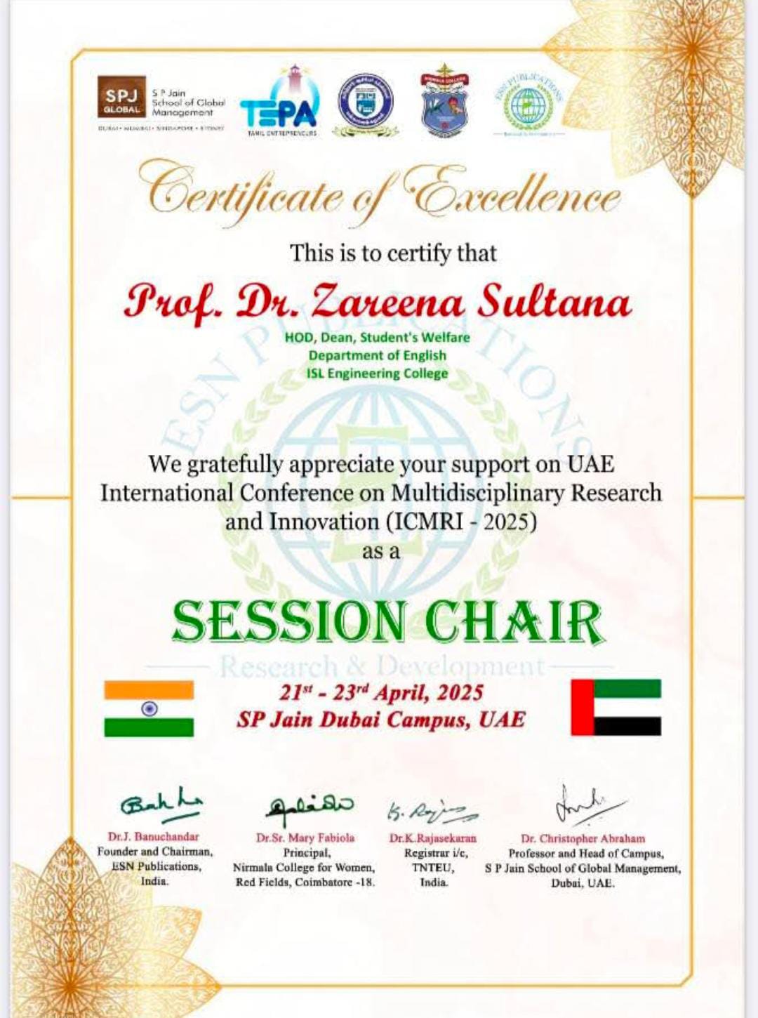 Dr. Zareena Sultana - Achievement