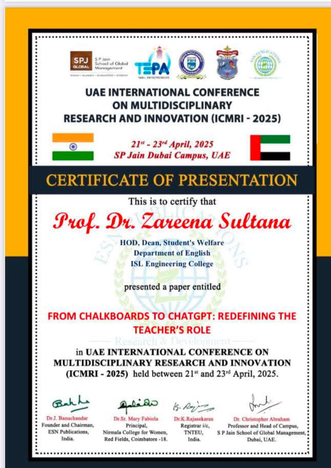 Dr. Zareena Sultana - Achievement